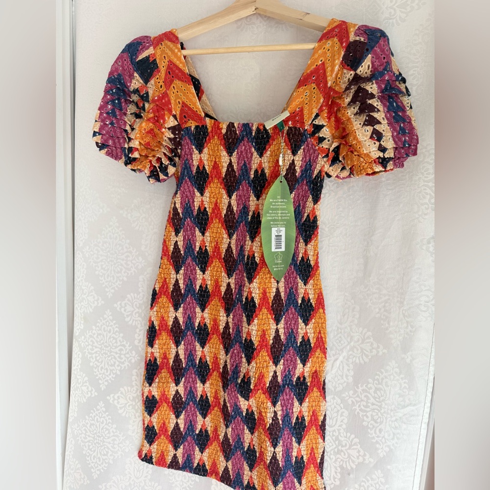 FARM Rio Multicolor Smocked Mini Dress — Gold, Pink, Blue, Orange, Purple